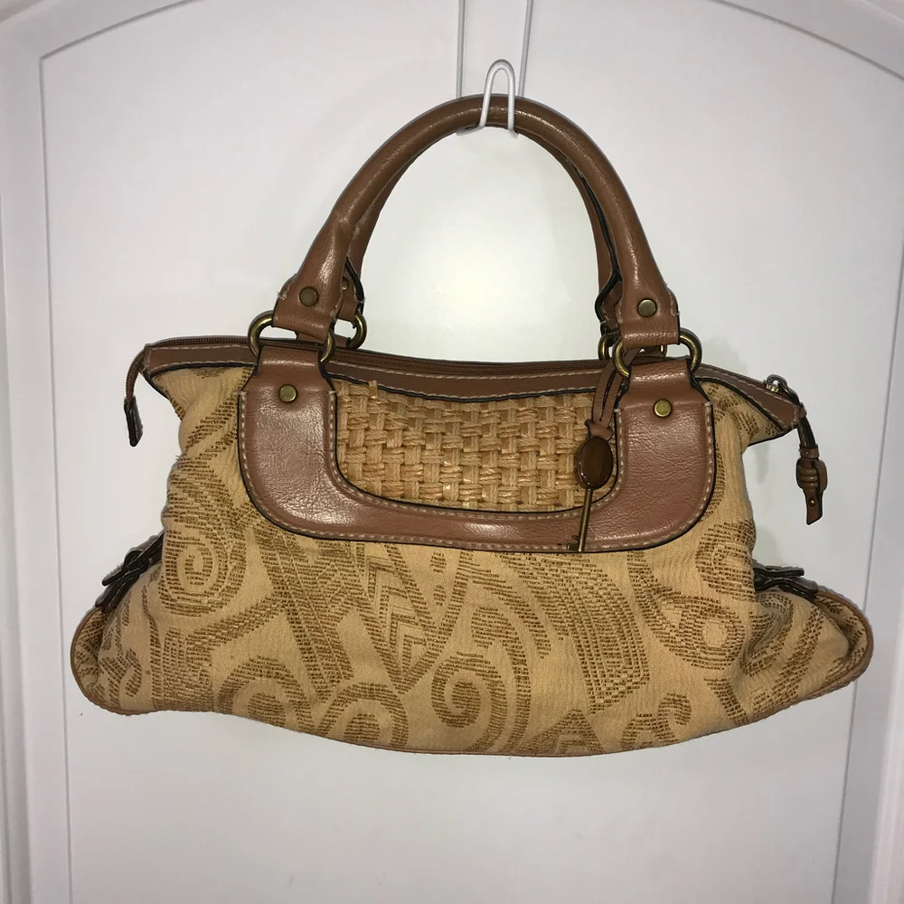 Fossil Vtg Tapestry & Leather Carpet Satchel Shoulder Bag Purse EUC